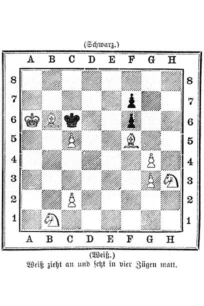 A chess problem illustration showing a chessboard with pieces arranged in a specific configuration. The task is for white to move and checkmate in four moves.