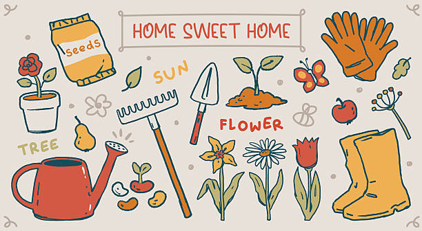 Charming retro garden composition with vintage watering can, garden tools, flowers and seeds botanical elements. Sweet home, spring gardening and cottagecore living aesthetic vector illustration