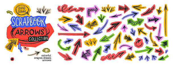 Colorful magazine scrapbook scribble arrows. Hand drawn short arrows with chalk or crayon rough texture. Cut out colorful collage papers with sketch arrows. Elements for journaling, notes.