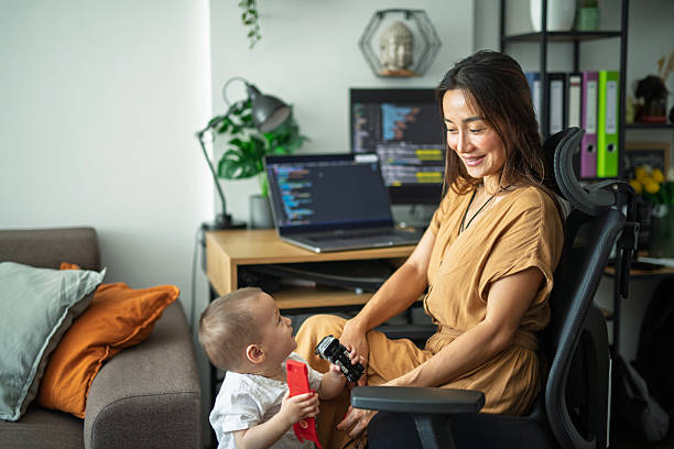 Working mother from home multitasking.