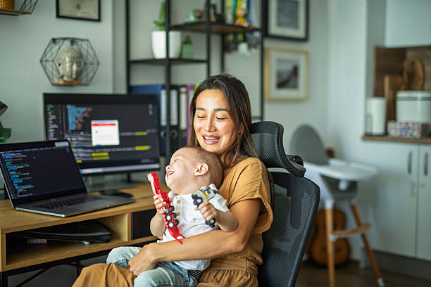 Working mother from home multitasking.