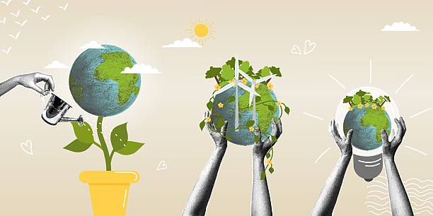 A collage on the theme of Green Energy and Sustainable Development featuring the Earth and wind turbines. A trendy halftone collage. Conceptualizing renewable energy, green technologies, and a sustainable future. Vector illustration