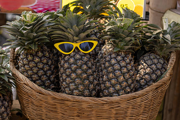Wicker Basket Full of Pineapples, One Wearing Shades