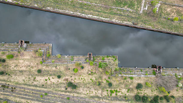 An abandoned port with its infrastructure, photograped with a drone