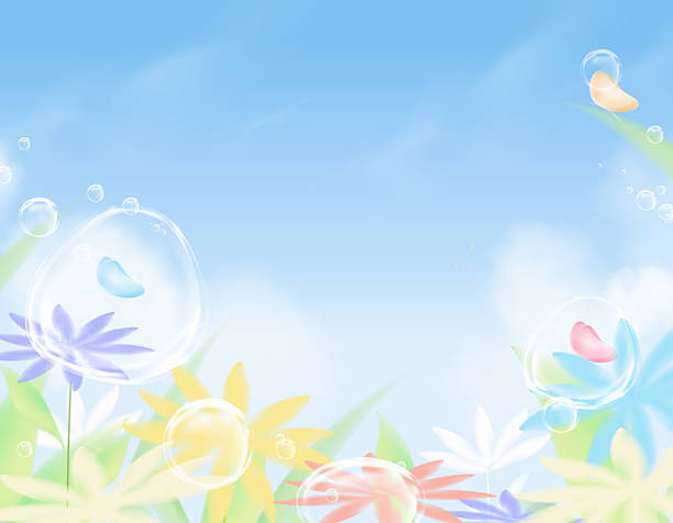 Sky spring floral background,Summer season colorful flowers,rain drop bubble onblue sky,cloud,Vector 3d Light pastel seasonal and copy space for text promotion,greeting card, banners,invitations,fresh nature