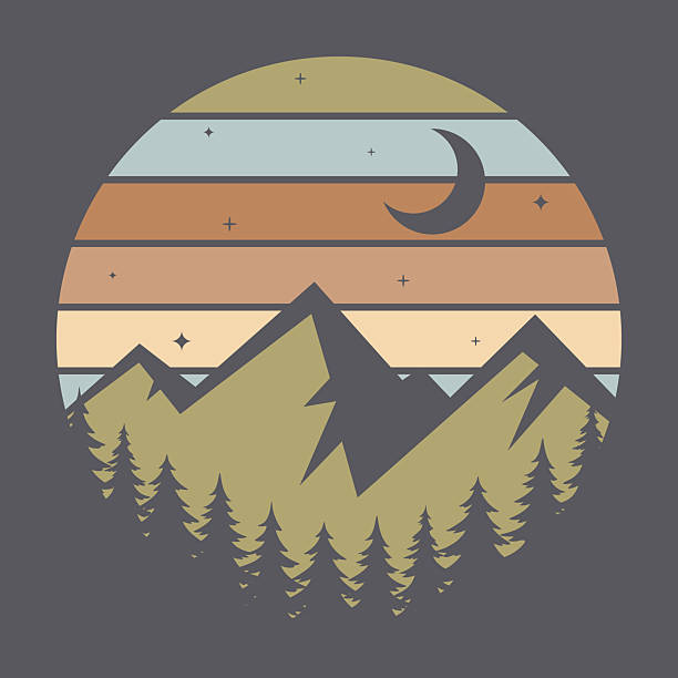 vintage label with coniferous forest and mountains