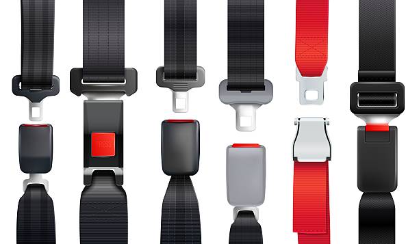 Realistic seat belts. Safety seatbelt, fasten unfastened belt lock unlock buckle seat belt driver car airplane road traffic passenger safe strap, isolated exact vector illustration original artwork