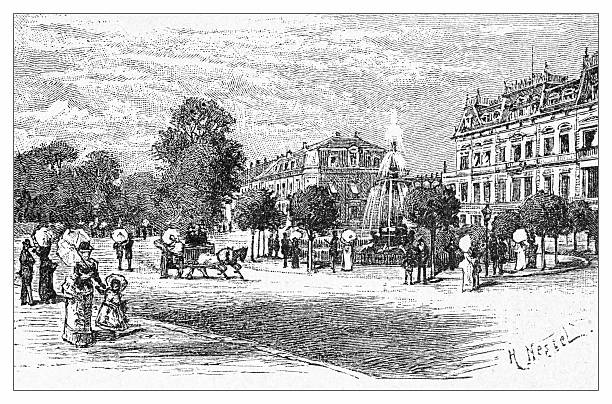 Promenade with Fountain, People Strolling, Buildings, Trees, and Carriages in a Town Square, 19th Century Engraving