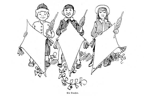 Children with Kites, 19th Century Illustration: Three young boys holding diamond-shaped kites, vintage drawing, playful scene, antique print, black and white Engraving