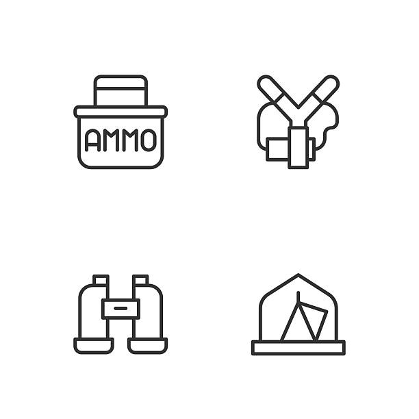 Set line Tourist tent, Binoculars, Ammunition box and Slingshot icon. Vector