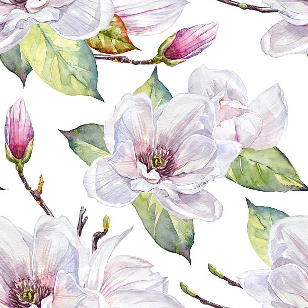Watercolor seamless pattern with hand-painted illustrations of magnolia flowers.