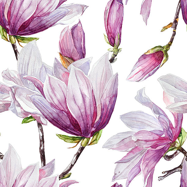 Watercolor seamless pattern with hand-painted illustrations of magnolia flowers.