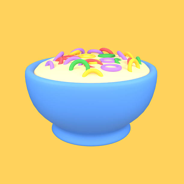 3D Illustration Bowl of Cereal with Colorful Loops and Milk