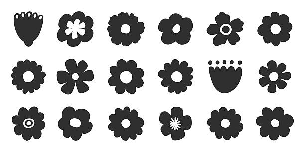 Minimal black flower silhouette set with simple retro shapes. Decrative floral botanical icons on white background. Simple abstract illustration for logo, pattern, design, stencil