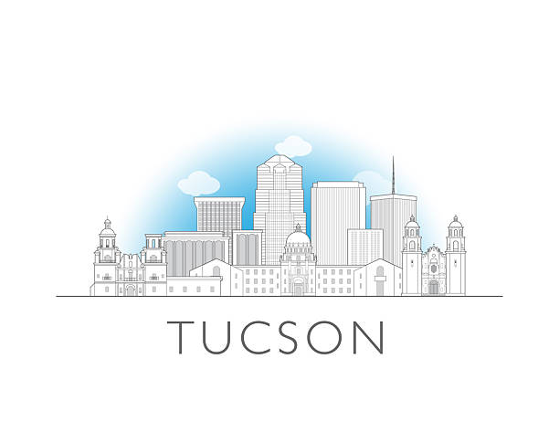 Tucson, Arizona skyline, USA. Urban cityscape with landmarks and monuments. Hand drawn line art digital skyline illustration.