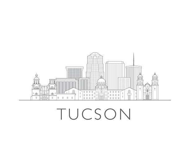 Tucson, Arizona skyline, USA. Urban cityscape with landmarks and monuments. Hand drawn line art digital skyline illustration.