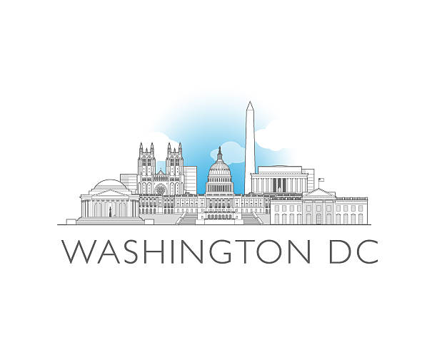 Washington DC skyline, USA. Urban cityscape with landmarks and monuments. Hand drawn line art digital skyline illustration.
