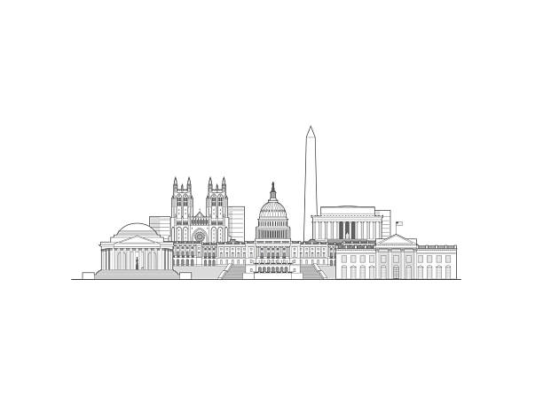 Washington DC skyline, USA. Urban cityscape with landmarks and monuments. Hand drawn line art digital skyline illustration.