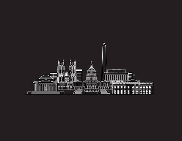 Washington DC skyline, USA. Urban cityscape with landmarks and monuments. Hand drawn line art digital skyline illustration.
