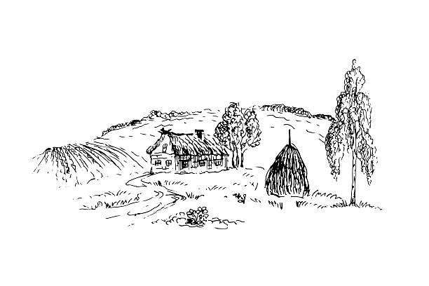 Rural landscape with a field and a cottage in grunge sketch vector illustration.