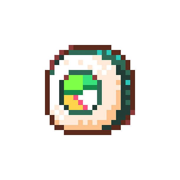 Pixel Art Crab Sushi Roll Icon. Retro 8 Bit Japanese Pixel Seafood Food Vector Illustration for Game Assets, UI, Stickers and Menu Design