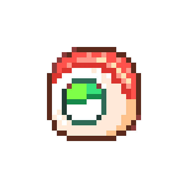 Pixel Art Salmon Roll Sushi Icon. Retro 8 Bit Japanese Maki Food Vector Illustration for Game UI, Stickers and Menu Design