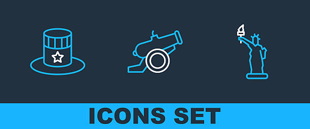 Set line Statue of Liberty Patriotic American top hat and Cannon icon. Vector.
