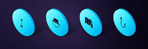 Set Isometric Fishing hook, Location of the forest, Camping hat and Hipster arrow icon. Vector.