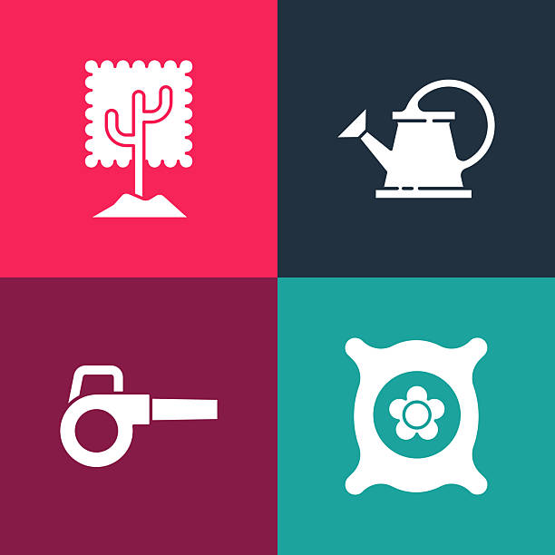 Set pop art Pack full of seeds of plant, Leaf garden blower, Watering can and Tree icon. Vector.