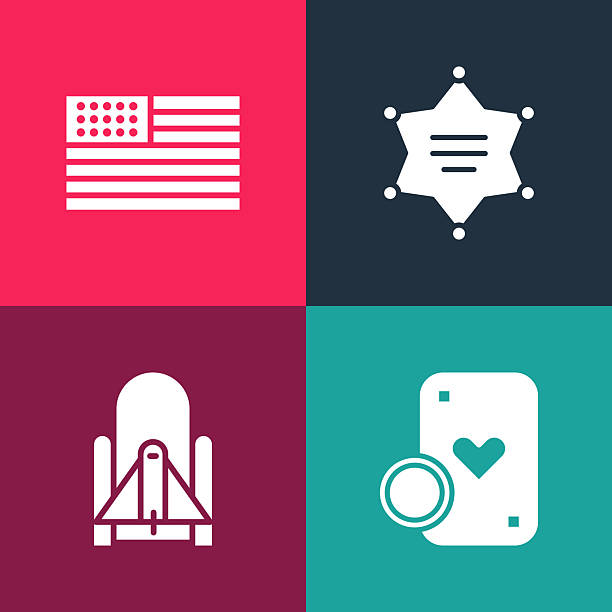 Set pop art Casino chip and playing cards, Rocket launch from the spaceport, Hexagram sheriff and American flag icon. Vector.