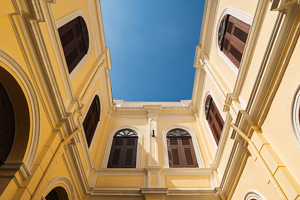 Low-angle view of a symmetrical courtyard with yellow walls, classic windows, and a bright blue sky above.
