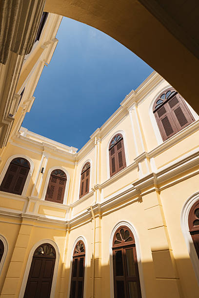 Yellow classical building walls forming a courtyard with archways under a bright blue sky