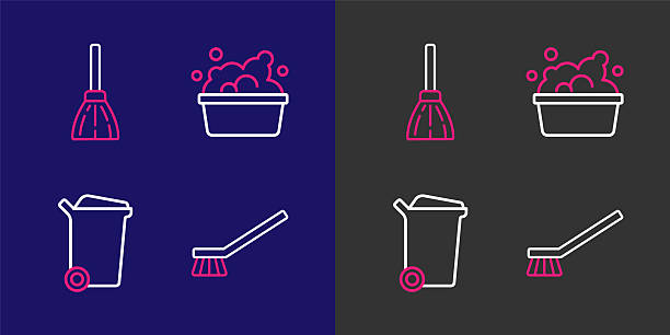 Set line Brush for cleaning Trash can Basin with soap suds and Handle broom icon. Vector.