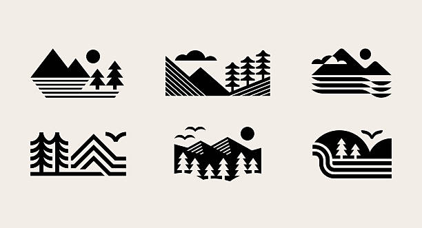 Modern mountain landscape icons. Geometric icons of mountains, trees, rivers, lakes and forests.