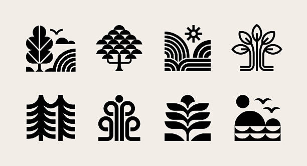 Modern nature icons. Geometric icons of trees, mountains, rivers, forests and leaves.