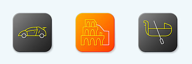 Set line Sport racing car Coliseum Rome and Gondola icon. Vector.