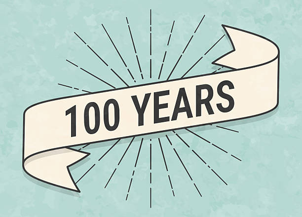 100 Years. Banner, ribbon, label in a trendy vintage style. Beautiful retro ribbon with old textured paper and sunbursts in the background. Colors used: green, blue, beige and black. The banner is beige with a black outline, the sunbursts and the text are black. The background is green-blue. Vector Illustration (EPS file, well layered and grouped). Easy to edit, manipulate, resize or colorize. Vector and Jpeg file of different sizes.