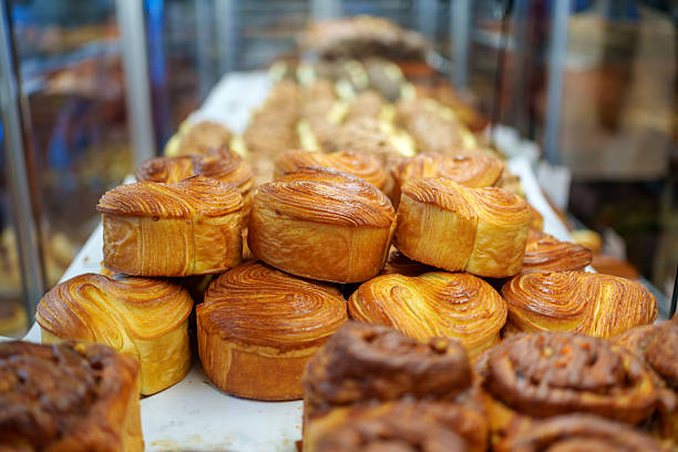 Display of Puff Pastry Butter Bread Loaves in Bakery