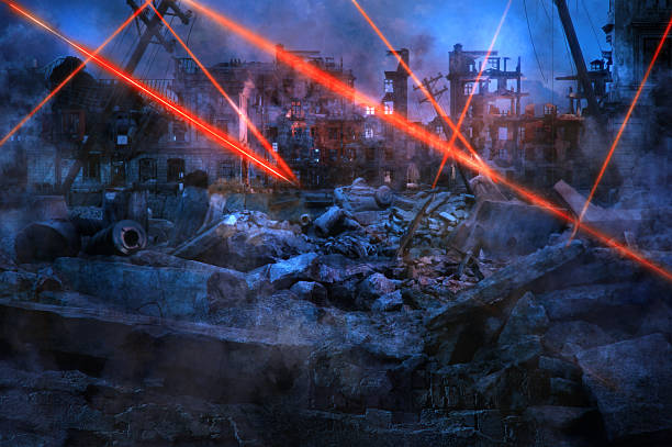 Post-apocalyptic cityscape with ruined buildings, scattered debris and intersecting red laser beams cutting through atmospheric fog. Dark dystopian environment suggesting conflict, surveillance or futuristic warfare. Digital illustration for science fiction themes, video game environments, film production visuals and concept art depicting a devastated urban landscape