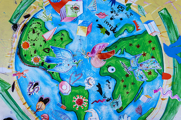 Bright and playful illustration of planet Earth with birds, nature elements and creative symbols. Colorful hand-drawn scene with flying birds, plants, houses, geometric shapes and abstract details surrounding the globe. Mixed media collage with watercolor textures and paint splashes in a whimsical children’s art style. Concept of nature, environment, creativity, imagination and global connection.