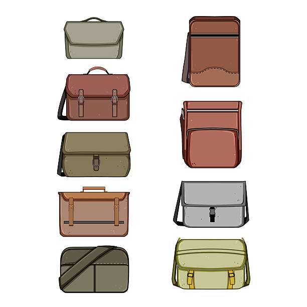 Cartoon style drawing showing a variety of messenger bags and satchels in different shapes, sizes, and colors, representing fashion accessories and everyday carry items