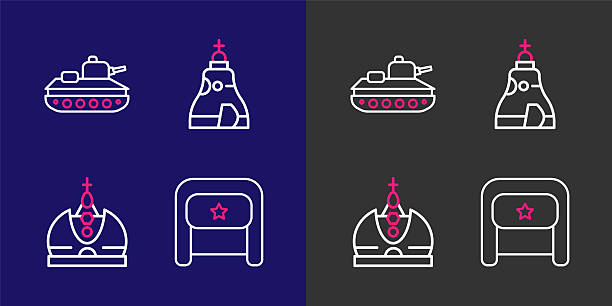 Set line Ushanka King crown The Tsar bell and Military tank icon. Vector.
