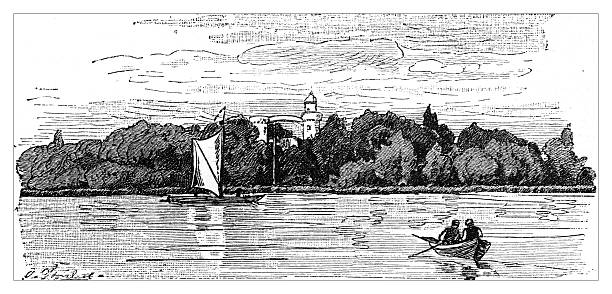 A black and white 19th-century engraving depicting a scenic river landscape. In the foreground, two people row a small boat, while a sailboat glides nearby. The distant shore is heavily wooded, with a castle or large building visible among the trees.