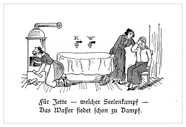 A humorous 19th-century German illustration depicting a woman named Jette experiencing 'inner conflict' as she hesitates to take a bath. A maid kneels to stoke the water heater, and another woman tries to comfort her. The caption reads in German: 'For Jette — what an inner conflict — The water is already boiling to steam.' Black and white engraving from the 19th century.