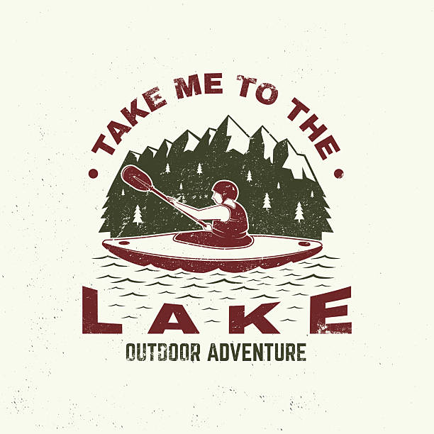 Take me to the lake Logo Patch. Camping quote. Vector illustration. Concept for shirt or logo, print, stamp or tee. Vintage typography design with man in canoe, lake and mountain silhouette