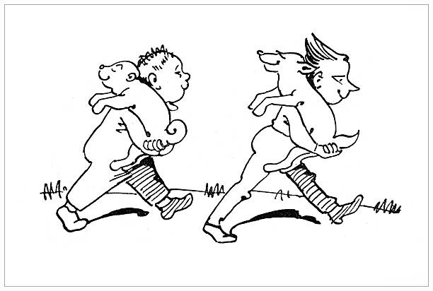 A humorous black and white cartoon illustration from the 19th century showing two boys running while carrying pigs under their arms. The scene is depicted in a simple, expressive line art style, isolated on a white background.