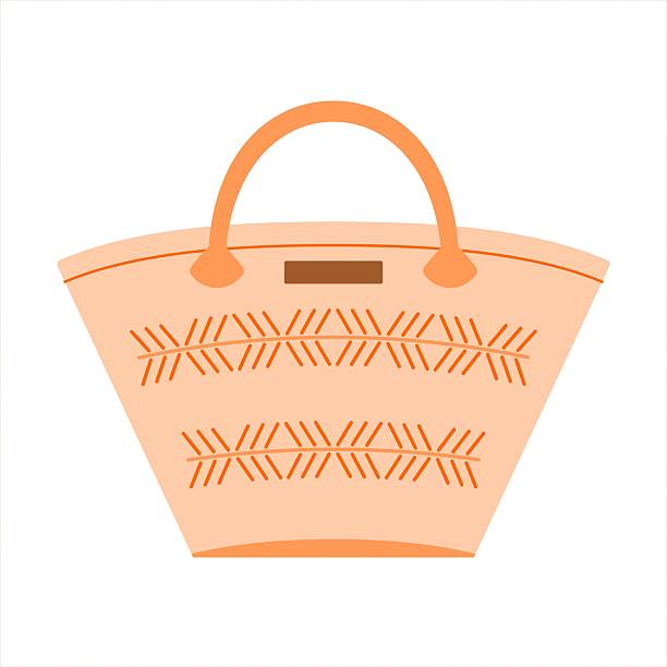 Stylish beige summer beach bag with woven pattern and top handles isolated on white. Minimalist flat illustration seasonal marketing banners, travel blogs, or eco friendly fashion brand layouts.