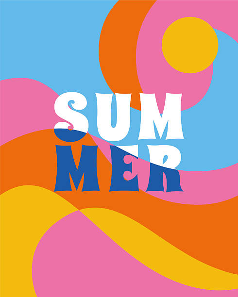 Summer Abstract square background with overlay waves shapes. Flat Multicolored fluid graphics, summer layout, minimal packaging design, trendy curve cover art with vintage texture. Stock illustration