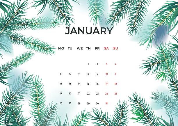 Monthly wall calendar with nature elements. January 2026 minimal calendar template, week starts Monday.