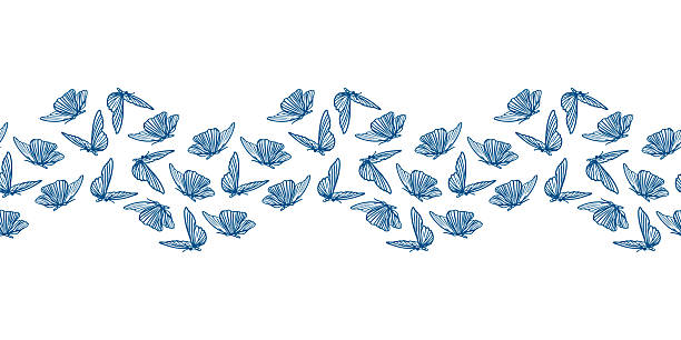 Butterflies seamless horizontal border. Hand drawn monochrome illustration in line art style. Vector clip art for wrapping paper, textiles and abstract backgrounds.